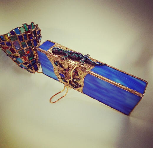 stained glass kaleidoscope with jeweled salamander accent